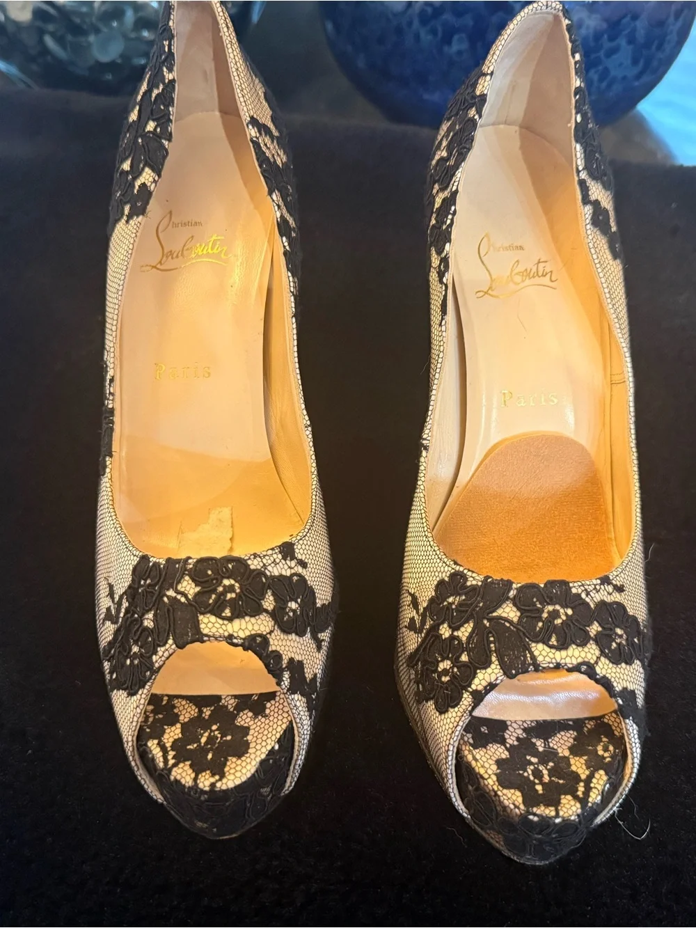 Christian Louboutin Black Lace on Nude Peep Toe Pumps